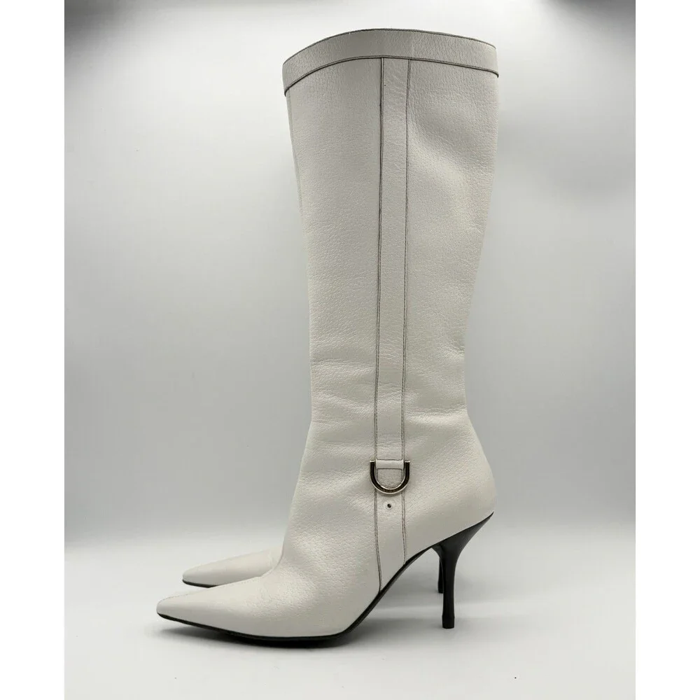 Gucci White Leather Knee High Pointed Toe Boots Vintage Size EU 36.5